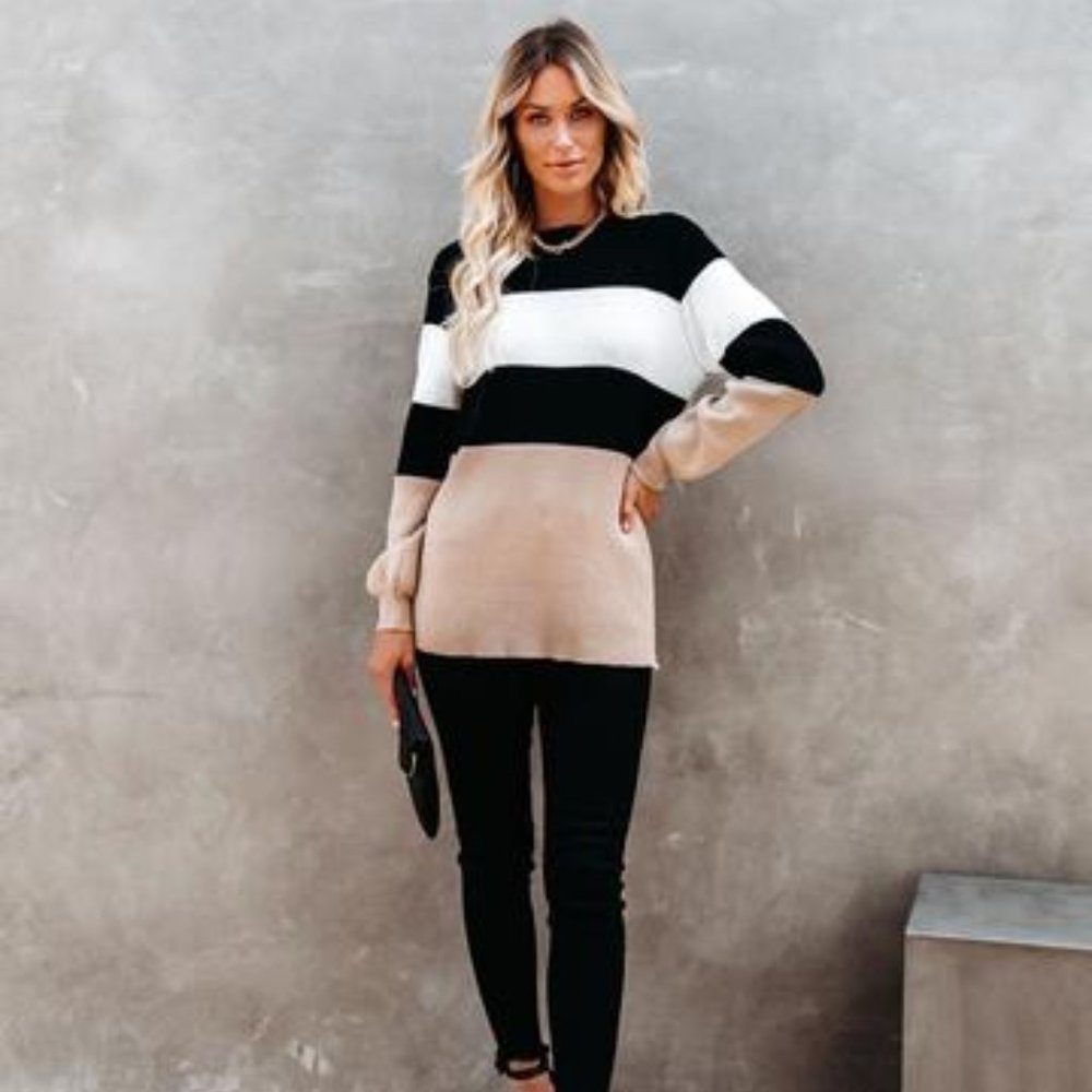 Harleston Black & Beige Colorblock Knit Sweater - Picture 2 of 10